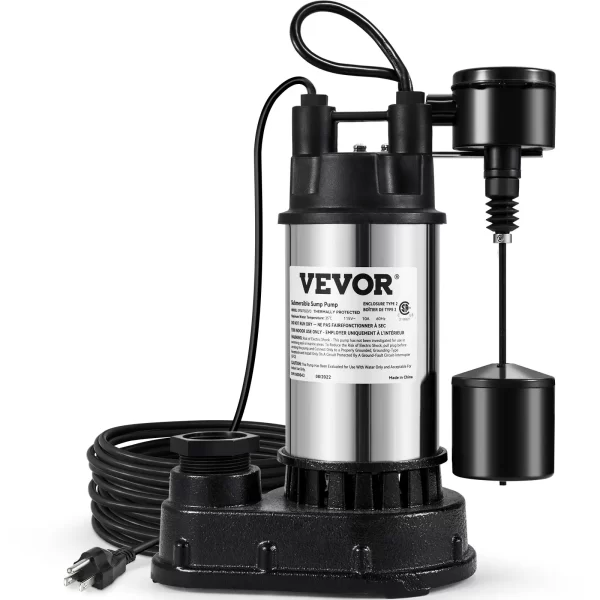 VEVOR 1.5 HP Submersible Cast Iron and Steel Sump Pump, 6000 GPH Submersible Water Pump with Integrated Vertical Float Switch, for Basement Water Basin and Flooding Area - Image 2