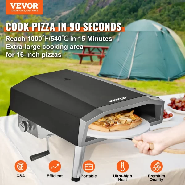 VEVOR Outdoor Pizza Oven, 16-inch, Gas Fired Pizza Maker, Portable Outside Stainless Steel Pizza Grill with 360 Rotatable Pizza Stone, Waterproof Cover, Peel, IR Thermometer, Gas Burner, CSA Listed