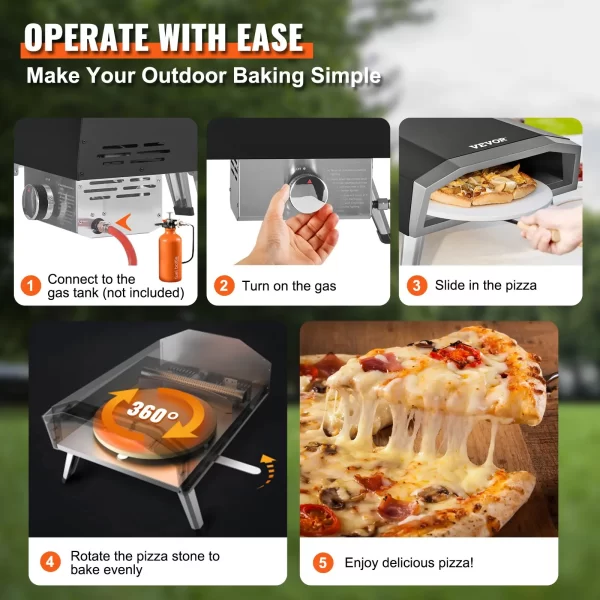 VEVOR Outdoor Pizza Oven, 16-inch, Gas Fired Pizza Maker, Portable Outside Stainless Steel Pizza Grill with 360 Rotatable Pizza Stone, Waterproof Cover, Peel, IR Thermometer, Gas Burner, CSA Listed - Image 6