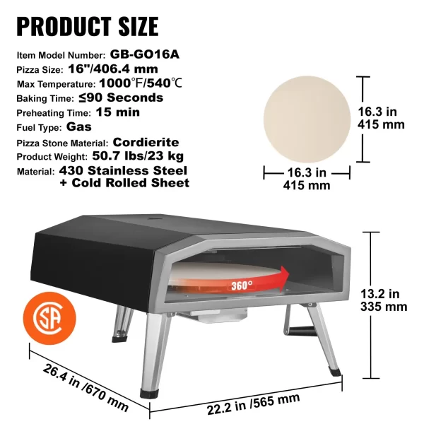 VEVOR Outdoor Pizza Oven, 16-inch, Gas Fired Pizza Maker, Portable Outside Stainless Steel Pizza Grill with 360 Rotatable Pizza Stone, Waterproof Cover, Peel, IR Thermometer, Gas Burner, CSA Listed - Image 7