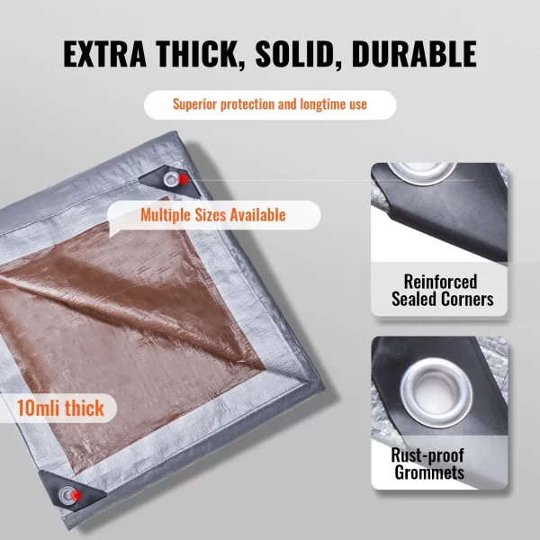 VEVOR Tarp Waterproof 20x30 ft, Plastic Poly Tarp Cover 10 Mil, Multi Purpose Tear UV and Temperature Resistant Outdoor Tarpaulin with High Durability Reinforced Grommets (Silver/Brown) - Image 3