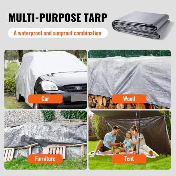 VEVOR Tarp Waterproof 20x30 ft, Plastic Poly Tarp Cover 10 Mil, Multi Purpose Tear UV and Temperature Resistant Outdoor Tarpaulin with High Durability Reinforced Grommets (Silver/Brown) - Image 6