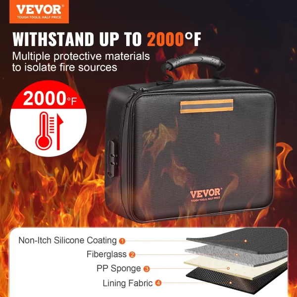 VEVOR Fireproof Document Box, Fireproof Document Bag with Lock 2000, 3-layer Fireproof and Waterproof File Box 14.17x10.63x4.13 inch with Zipper, for Money, Documents, Jewelry and Passport