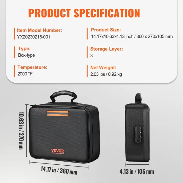 VEVOR Fireproof Document Box, Fireproof Document Bag with Lock 2000, 3-layer Fireproof and Waterproof File Box 14.17x10.63x4.13 inch with Zipper, for Money, Documents, Jewelry and Passport - Image 7