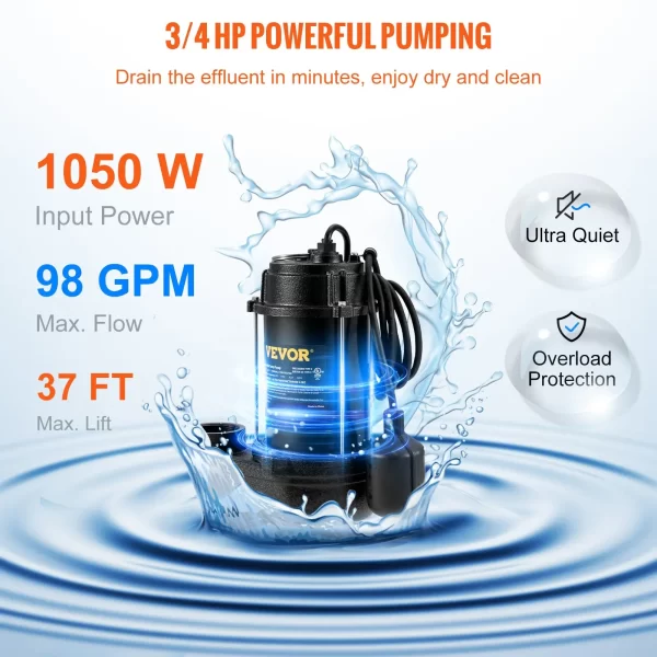 VEVOR Submersible Sewage Pump Water Pump 3/4 HP 5880GPH Cast Iron with Float - Image 3