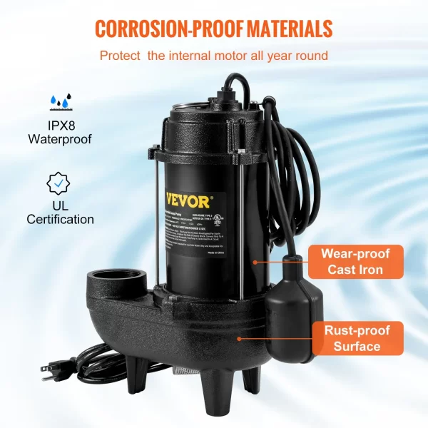 VEVOR Submersible Sewage Pump Water Pump 3/4 HP 5880GPH Cast Iron with Float - Image 4