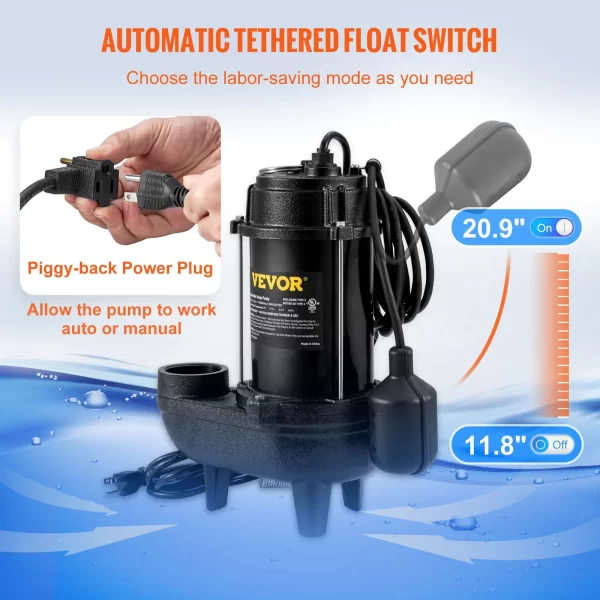 VEVOR Submersible Sewage Pump Water Pump 3/4 HP 5880GPH Cast Iron with Float - Image 5