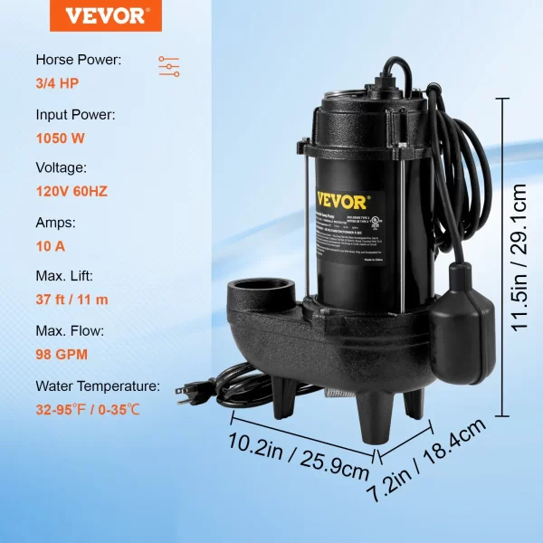 VEVOR Submersible Sewage Pump Water Pump 3/4 HP 5880GPH Cast Iron with Float - Image 7