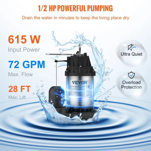 VEVOR Submersible Sump Pump Water Pump 1/2 HP 4320GPH Cast Iron Steel Basement - Image 3