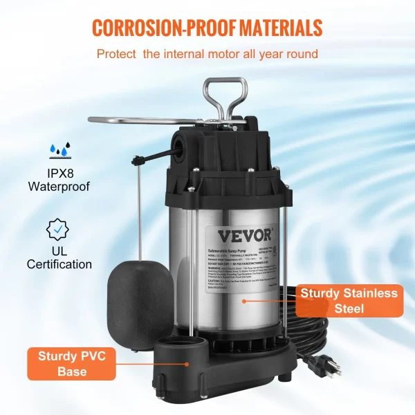 VEVOR Submersible Sump Pump Water Pump 1/2 HP 4320GPH Cast Iron Steel Basement - Image 4