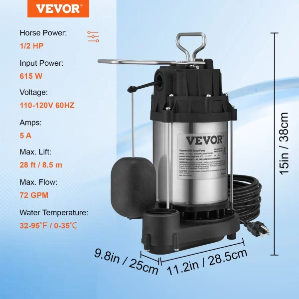 VEVOR Submersible Sump Pump Water Pump 1/2 HP 4320GPH Cast Iron Steel Basement - Image 7