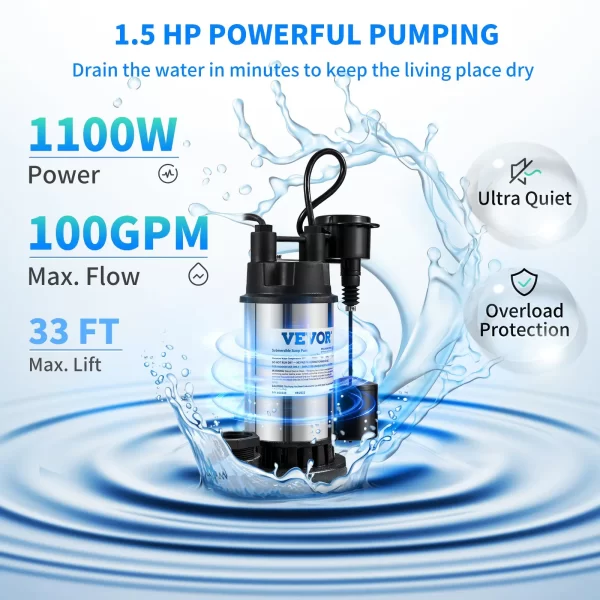 VEVOR 1.5 HP Submersible Cast Iron and Steel Sump Pump, 6000 GPH Submersible Water Pump with Integrated Vertical Float Switch, for Basement Water Basin and Flooding Area - Image 3