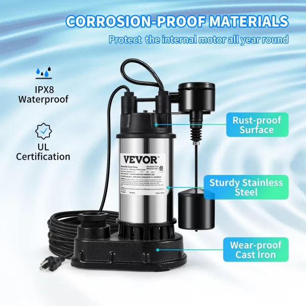 VEVOR 1.5 HP Submersible Cast Iron and Steel Sump Pump, 6000 GPH Submersible Water Pump with Integrated Vertical Float Switch, for Basement Water Basin and Flooding Area - Image 4