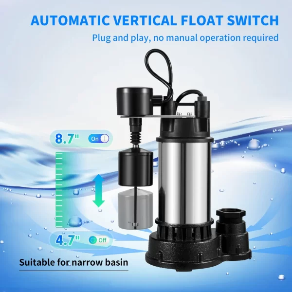 VEVOR 1.5 HP Submersible Cast Iron and Steel Sump Pump, 6000 GPH Submersible Water Pump with Integrated Vertical Float Switch, for Basement Water Basin and Flooding Area - Image 5