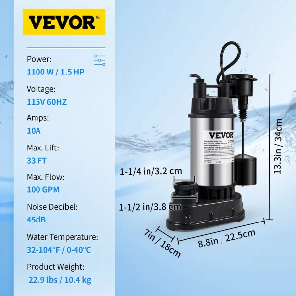 VEVOR 1.5 HP Submersible Cast Iron and Steel Sump Pump, 6000 GPH Submersible Water Pump with Integrated Vertical Float Switch, for Basement Water Basin and Flooding Area - Image 7