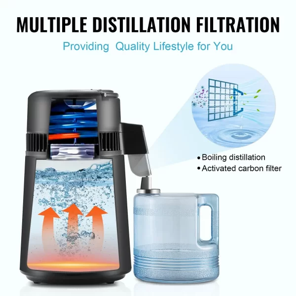 VEVOR Water Distiller, 4L 1.05 Gallon Pure Water Purifier Filter For Home Countertop, 750W Distilled Water Maker, Stainless Steel Interior Distiller Water Making Machine to Make Clean Water, Black - Image 3