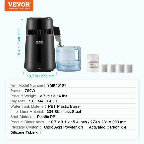 VEVOR Water Distiller, 4L 1.05 Gallon Pure Water Purifier Filter For Home Countertop, 750W Distilled Water Maker, Stainless Steel Interior Distiller Water Making Machine to Make Clean Water, Black - Image 6