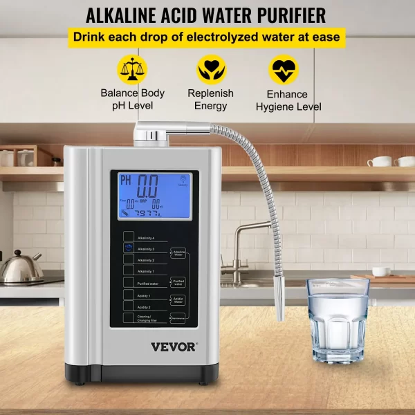 VEVOR Water Ionizer Machine, 7 Water Settings, Alkaline Acid Home Filtration System w/ 3.8" LCD Touch Panel, pH3.5-10.5 Kangen Water w/ 6000L Replaceable Filter, up to 1000PPM TDS & -500mV ORP, Silver