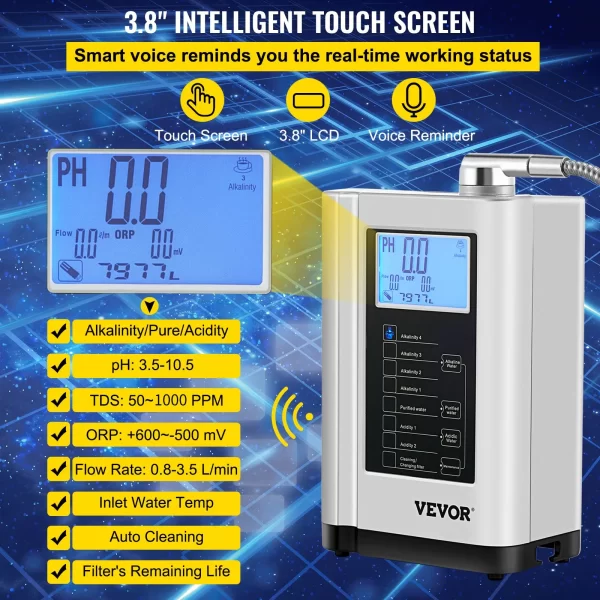 VEVOR Water Ionizer Machine, 7 Water Settings, Alkaline Acid Home Filtration System w/ 3.8" LCD Touch Panel, pH3.5-10.5 Kangen Water w/ 6000L Replaceable Filter, up to 1000PPM TDS & -500mV ORP, Silver - Image 3