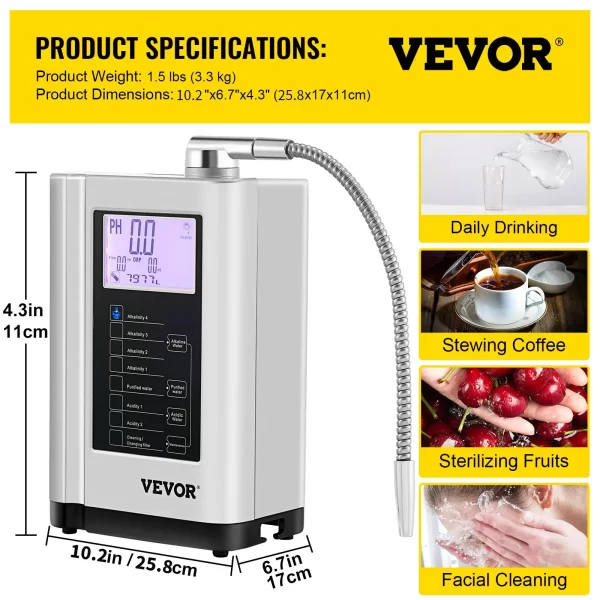 VEVOR Water Ionizer Machine, 7 Water Settings, Alkaline Acid Home Filtration System w/ 3.8" LCD Touch Panel, pH3.5-10.5 Kangen Water w/ 6000L Replaceable Filter, up to 1000PPM TDS & -500mV ORP, Silver - Image 6