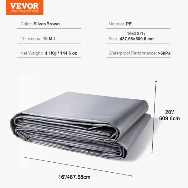 VEVOR Tarp Waterproof 16x20 ft, Plastic Poly Tarp Cover 10 Mil, Multi Purpose Tear UV and Temperature Resistant Outdoor Tarpaulin with High Durability Reinforced Grommets (Silver/Brown) - Image 6