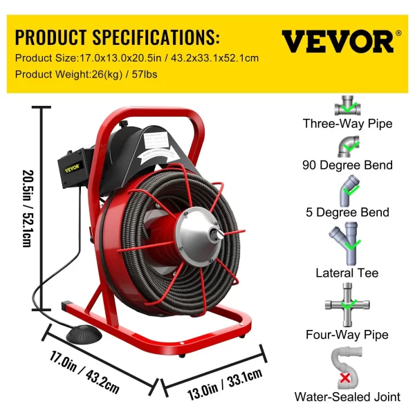 VEVOR 75FT x 3/8 Inch Drain Cleaning Machine, 250W Electric Drain Auger, Portable Sewer Snake Auger Cleaner with Cutters & Air-Activated Foot Switch for 1" to 4" Pipes, Black, Red - Image 6