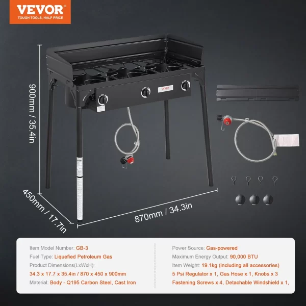 VEVOR Triple Burner Outdoor Camping Stove, 90,000-BTU Camping Modular Cooking Stove, Heavy Duty Carbon Steel Gas Cooker with Detachable Legs Stand & PSI Regulator, for BBQ Home Camp Patio RV Cooking - Image 6