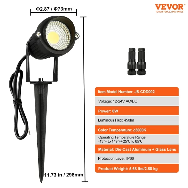 VEVOR Landscape Lighting, 6W Low Voltage LED Landscape Lights, IP66 Waterproof Landscape Spotlights Yard Lawn Garden Pathway Outdoor Lights 12V 24V 450LM Warm White 3000K (12 Pack with Connectors) - Image 6