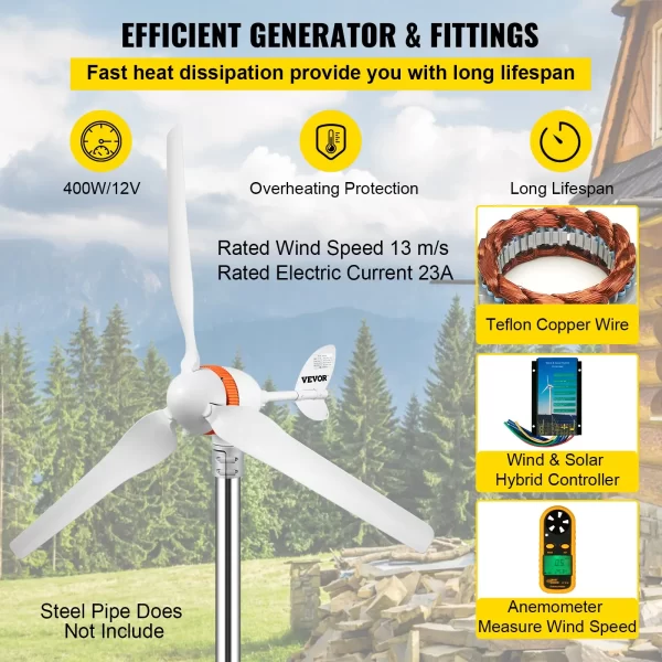 VEVOR Wind Turbine Generator, 12V/AC Wind Turbine Kit, 400W Wind Power Generator w/Wind & Solar Controller 3 Blades Auto Adjust Windward Direction Suitable for Terrace, Marine, Motorhome, Chalet, Boat - Image 2