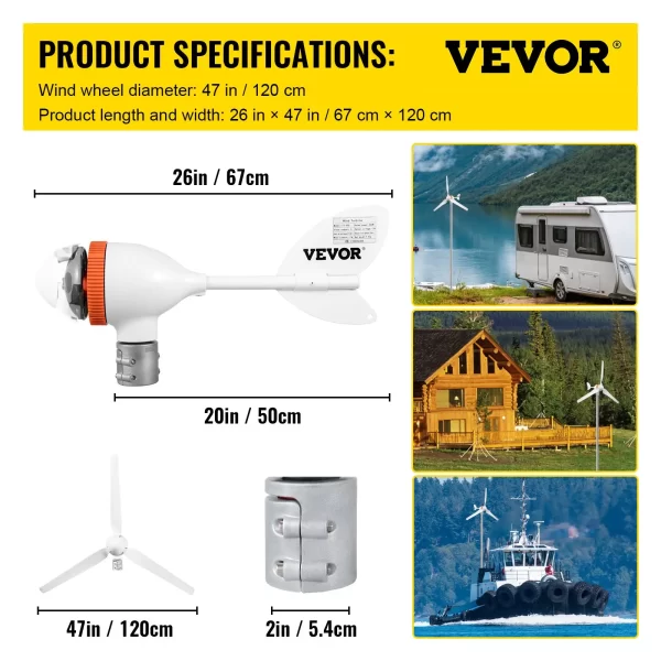 VEVOR Wind Turbine Generator, 12V/AC Wind Turbine Kit, 400W Wind Power Generator w/Wind & Solar Controller 3 Blades Auto Adjust Windward Direction Suitable for Terrace, Marine, Motorhome, Chalet, Boat - Image 6