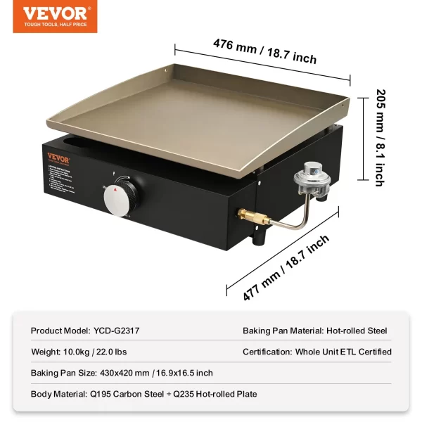 VEVOR Commercial Griddle, 16.9" Heavy Duty Manual Flat Top Griddle, Countertop Gas Grill with Non-Stick Cooking Plate, Steel LPG Gas Griddle, 1-Burner Restaurant Portable Grill - 13,000 BTU - Image 6