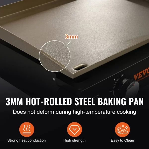 VEVOR Commercial Griddle, 22.4" Heavy Duty Manual Flat Top Griddle, Countertop Gas Grill with Non-Stick Cooking Plate, Steel LPG Gas Griddle, H-Shaped Burner Restaurant Portable Grill, 22,000 BTU - Image 2