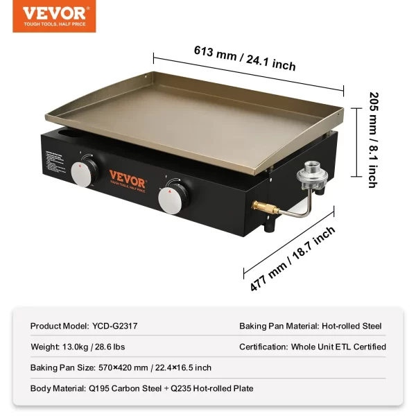 VEVOR Commercial Griddle, 22.4" Heavy Duty Manual Flat Top Griddle, Countertop Gas Grill with Non-Stick Cooking Plate, Steel LPG Gas Griddle, H-Shaped Burner Restaurant Portable Grill, 22,000 BTU - Image 6