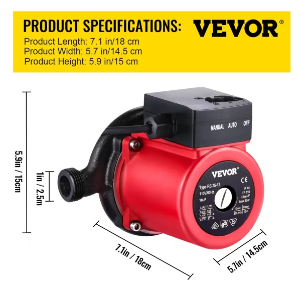 VEVOR Hot Water Recirculating Pump, 245W 110V Water Circulator Pump, Automatic Start Circulating Pump NPT 3/4" w/Brass Fittings, Stainless Steel Head, 2 Speed Control for Electric Water Heater System - Image 6