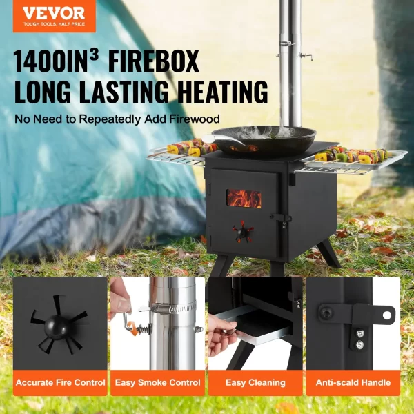 VEVOR Wood Stove, 86 inch, Alloy Steel Camping Tent Stove, Portable Wood Burning Stove with Chimney Pipes & Gloves, 1400inFirebox Hot Tent Stove for Outdoor Cooking and Heating with 8 Pipes