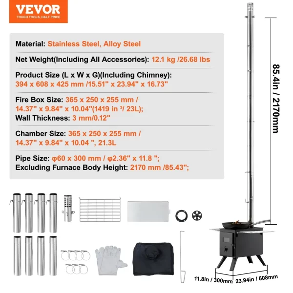 VEVOR Wood Stove, 86 inch, Alloy Steel Camping Tent Stove, Portable Wood Burning Stove with Chimney Pipes & Gloves, 1400inFirebox Hot Tent Stove for Outdoor Cooking and Heating with 8 Pipes - Image 6