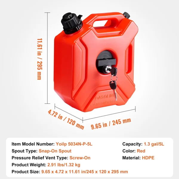 VEVOR Water Can, 1.3 Gallon/5L, Water Tank with Spout and Lockable Bracket, Storage Water Container, Auto-Off Function & Adjustable Flow Rate, Compatible with Most Cars Motorcycle SUV ATV UTV, Red - Image 6