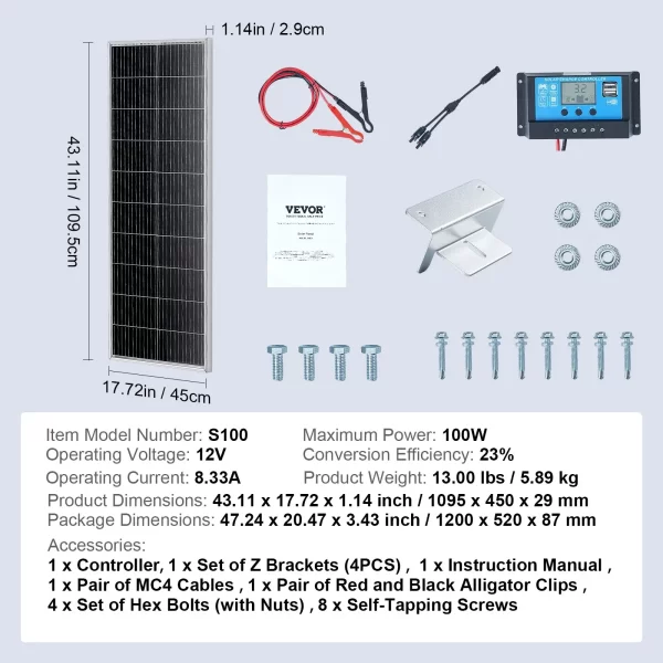 VEVOR 100W Monocrystalline Solar Panel Kit 12V Solar Panel & Charge Controller - Image 6