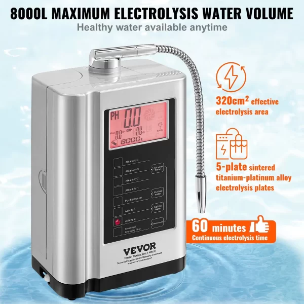 VEVOR Alkaline Water Ionizer Machine, pH 3.5-10.5 Alkaline Acidic Hydrogen Water Purifier, 7 Water Settings Home Filtration System, Up to -550mV ORP, 8000L Per Filter, Auto-Cleaning, White - Image 2