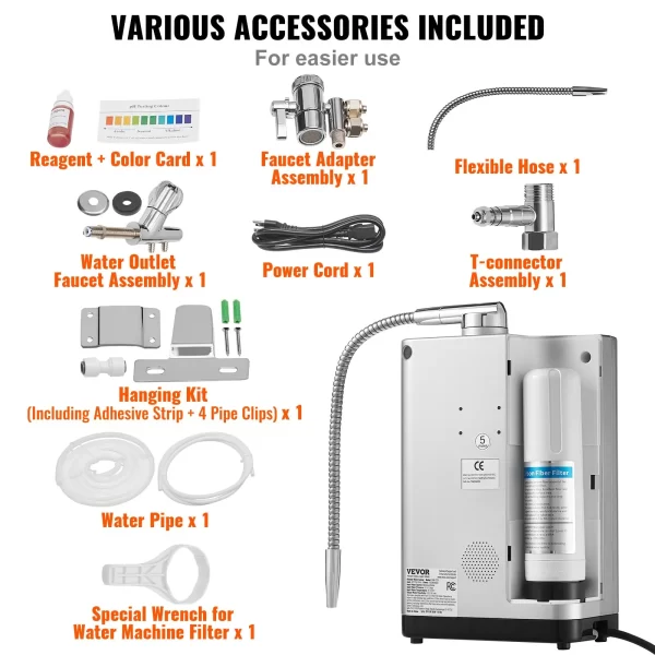 VEVOR Alkaline Water Ionizer Machine, pH 3.5-10.5 Alkaline Acidic Hydrogen Water Purifier, 7 Water Settings Home Filtration System, Up to -550mV ORP, 8000L Per Filter, Auto-Cleaning, White - Image 5