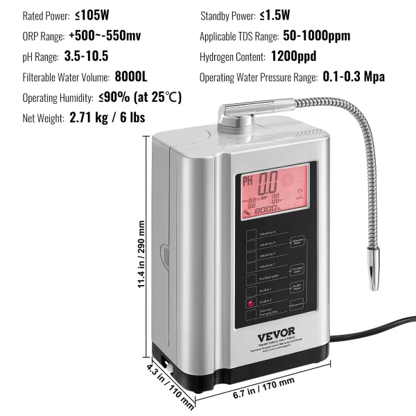 VEVOR Alkaline Water Ionizer Machine, pH 3.5-10.5 Alkaline Acidic Hydrogen Water Purifier, 7 Water Settings Home Filtration System, Up to -550mV ORP, 8000L Per Filter, Auto-Cleaning, White - Image 6