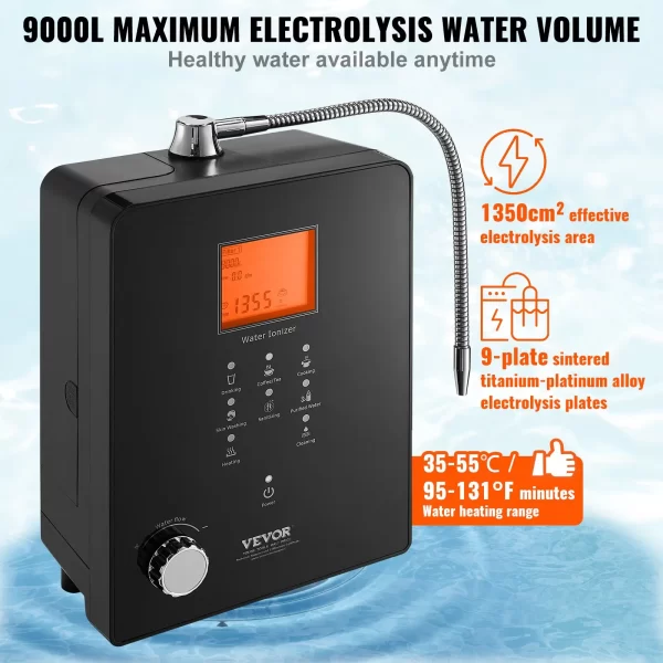 VEVOR Alkaline Water Ionizer Machine, pH 3-11.2 Alkaline Acidic Hydrogen Water Purifier, 6 Water Settings Home Filtration System, Up to -800mV ORP, 9000L Per Filter, UV Function, Water Heating - Image 2