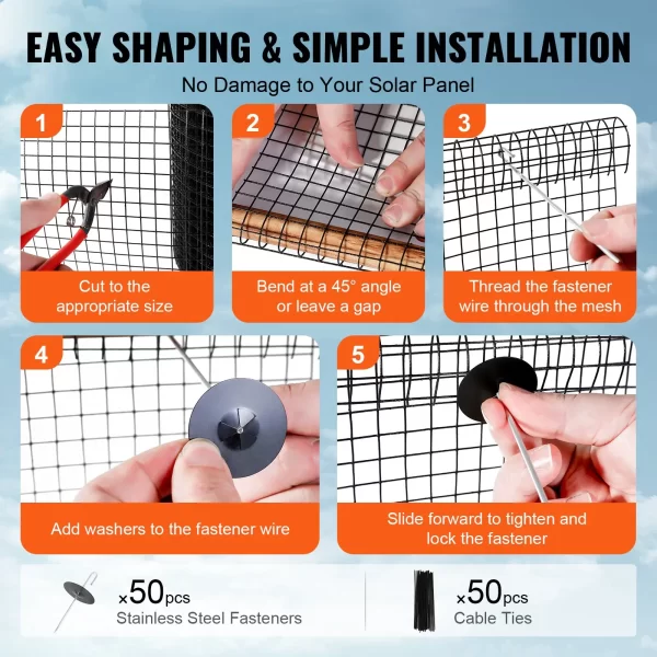 VEVOR 6 inch x 50ft Solar Panel Bird Guard, Critter Guard Roll Kit with 50pcs Stainless Steel Fasteners, Solar Panel Guard with Rust-proof PVC Coating, 1/2 inch Wire Roll Mesh - Image 14