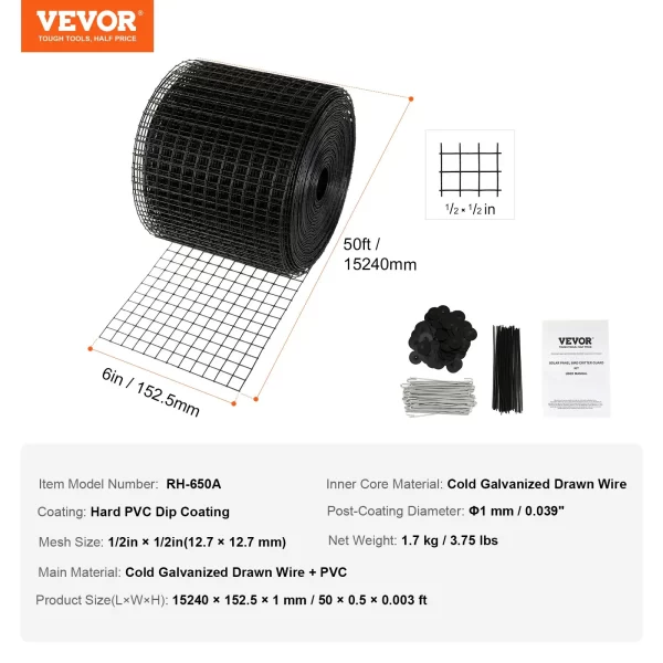 VEVOR 6 inch x 50ft Solar Panel Bird Guard, Critter Guard Roll Kit with 50pcs Stainless Steel Fasteners, Solar Panel Guard with Rust-proof PVC Coating, 1/2 inch Wire Roll Mesh - Image 16