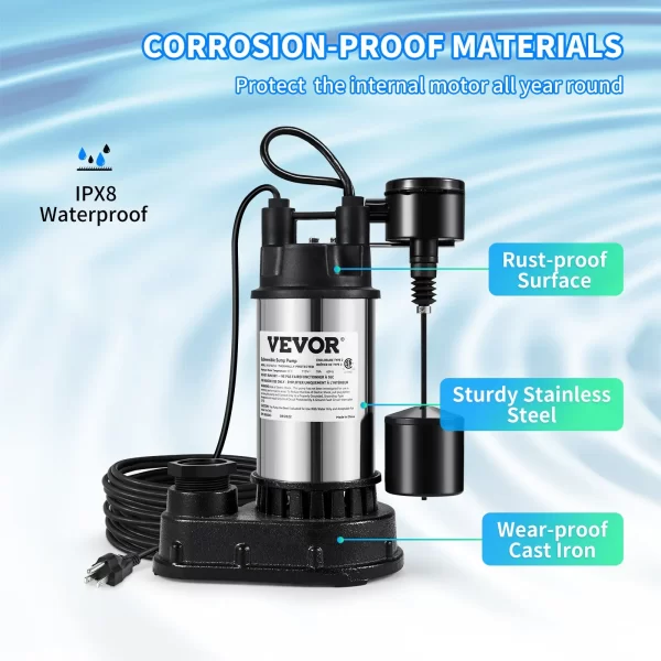 VEVOR 1.5 HP Submersible Cast Iron and Steel Sump Pump, 6000 GPH Submersible Water Pump with Integrated Vertical Float Switch, for Basement Water Basin and Flooding Area - Image 24