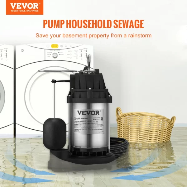 VEVOR Submersible Sump Pump Water Pump 1/2 HP 4320GPH Cast Iron Steel Basement - Image 13