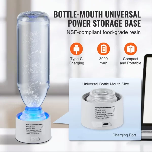VEVOR Hydrogen Water Bottle Generator, 380 ml / 13.4 oz Capacity Portable Hydrogen Water Maker, SPE Technology Hydrogen Rich Water Ionizer Machine with Nasal Inhalation Tube and Self-Cleaning - Image 2