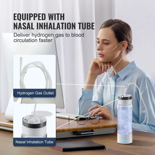 VEVOR Hydrogen Water Bottle Generator, 380 ml / 13.4 oz Capacity Portable Hydrogen Water Maker, SPE Technology Hydrogen Rich Water Ionizer Machine with Nasal Inhalation Tube and Self-Cleaning - Image 3