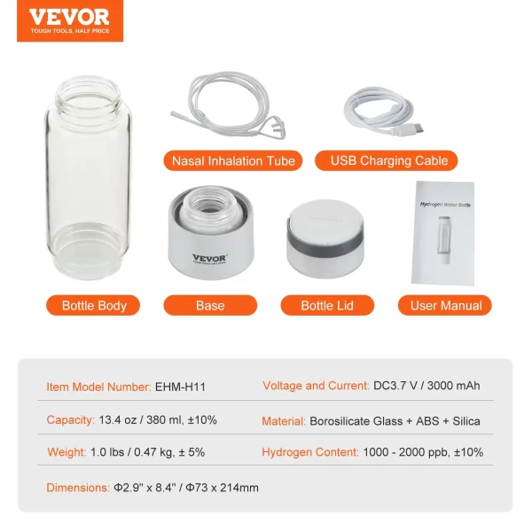 VEVOR Hydrogen Water Bottle Generator, 380 ml / 13.4 oz Capacity Portable Hydrogen Water Maker, SPE Technology Hydrogen Rich Water Ionizer Machine with Nasal Inhalation Tube and Self-Cleaning - Image 6
