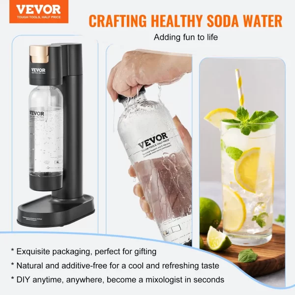 VEVOR Sparkling Water Maker, Soda Maker Machine for Home Carbonating, Seltzer Water Starter Kit with 2 BPA-free 1L PET Bottles, Compatible with Mainstream Screw-in 60L CO2 Cylinder(NOT Included) Black